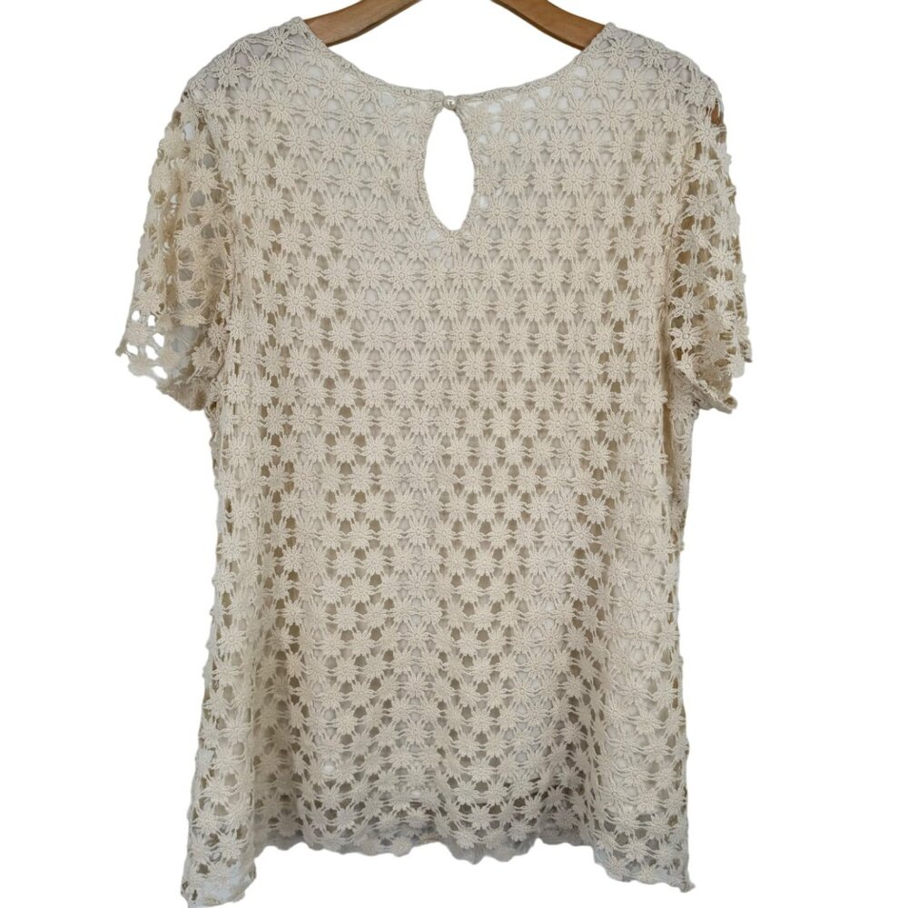 Dressbarn Women's size XL ivory Floral Lace Top  Rhinestone short sleeve - Picture 9 of 11